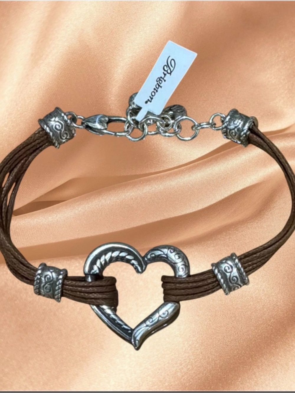 Brighton “Heritage Heart” Bracelet Brown Cotton Cord Silver Plated J3246A NWT